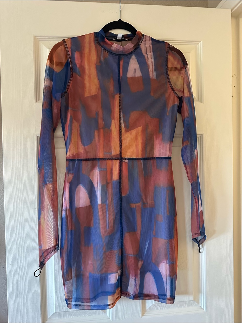 Fashion Nova Sheer Abstract-Print Long Sleeve Mini Dress in Rust & Blue